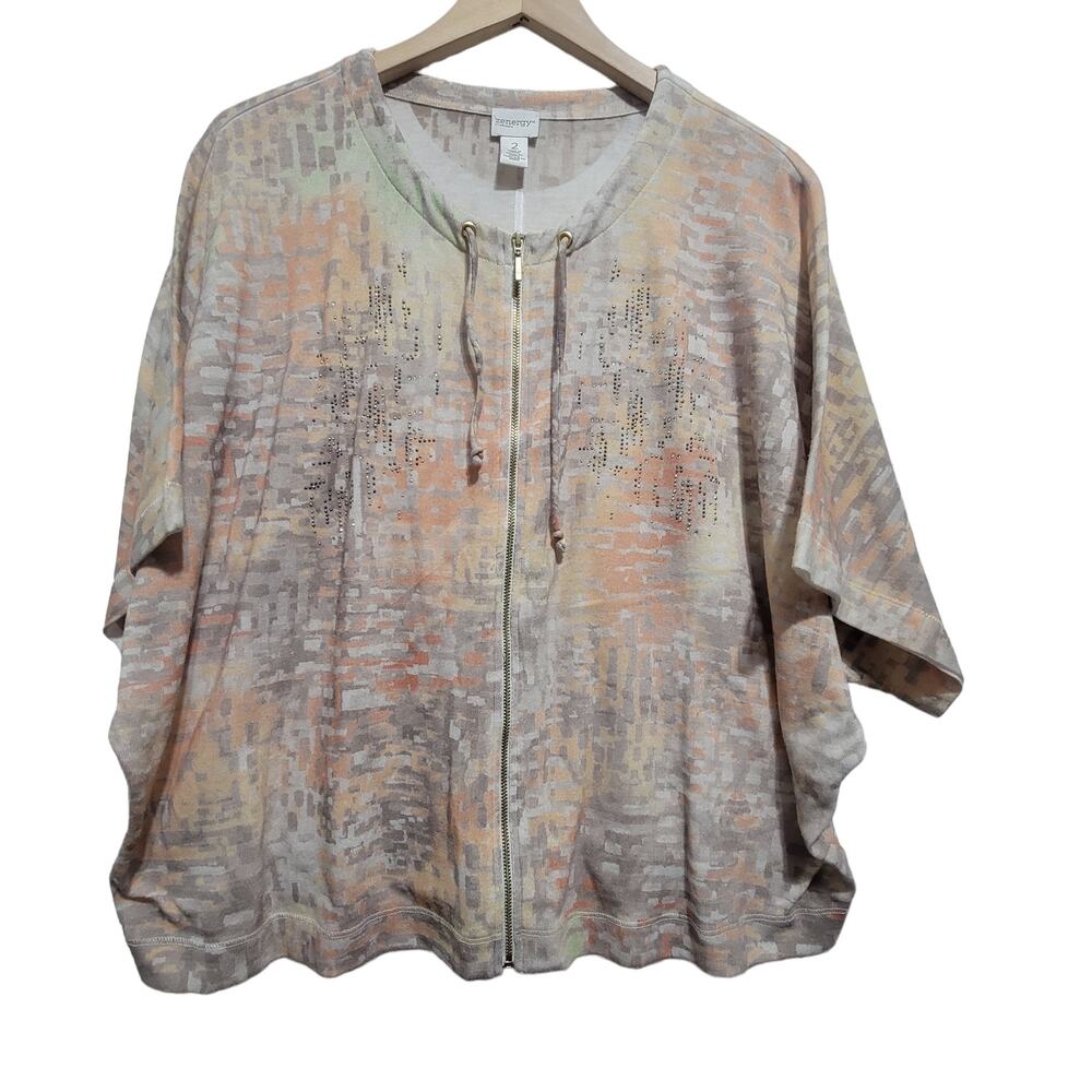 Zenergy by Chico's Zip Up Batwing Short Sleeve Cardigan Jacket Top Rhinestones L